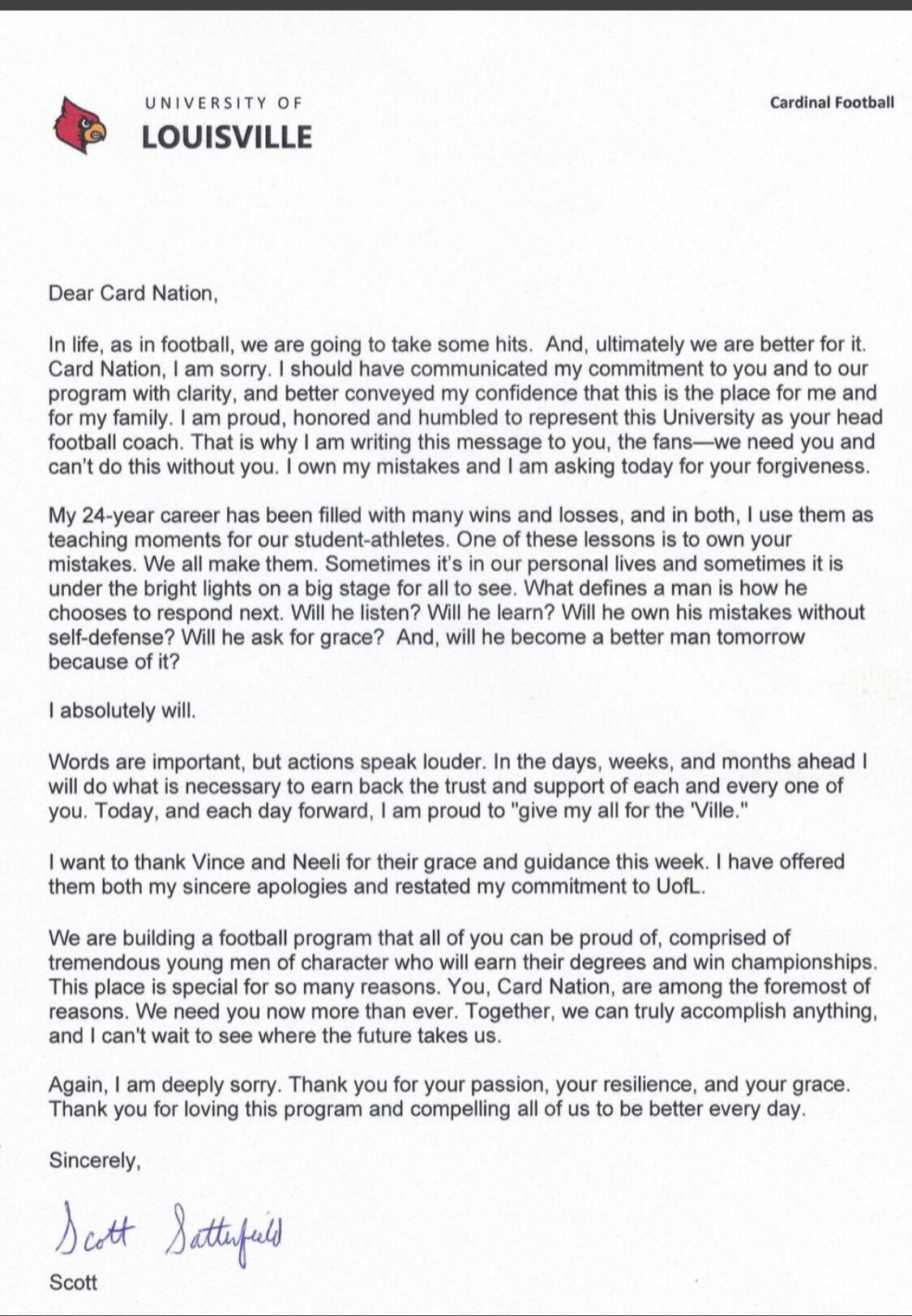 Scott Satterfield letter